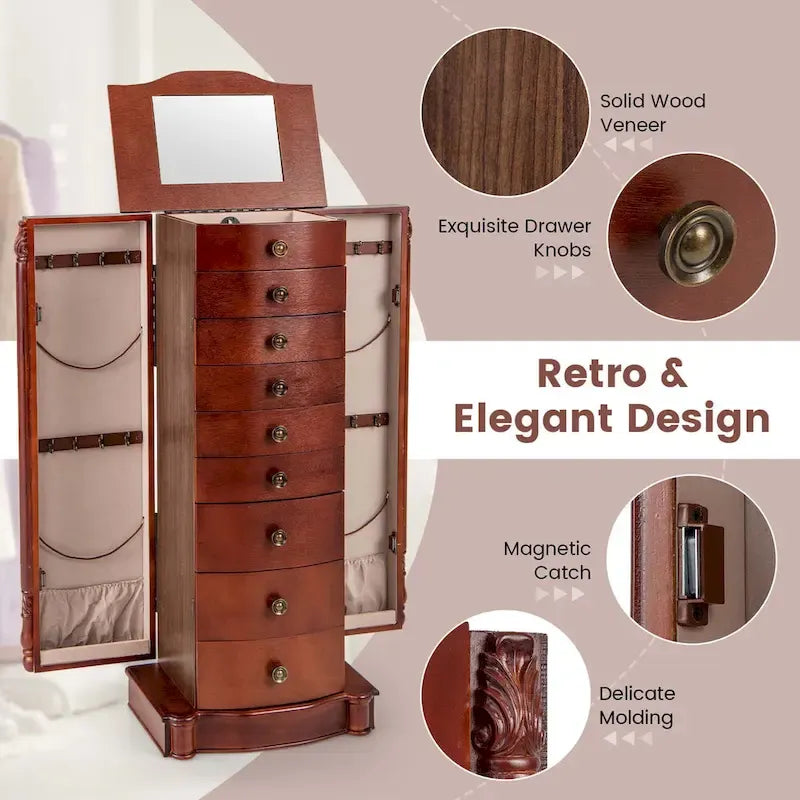 Meuble à bijoux avec couvercle miroir, 8 tiroirs et crochets latéraux, Marron