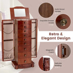 Meuble à bijoux avec couvercle miroir, 8 tiroirs et crochets latéraux, Marron