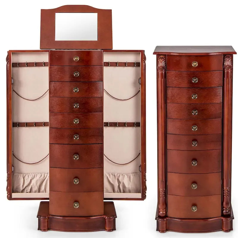Meuble à bijoux avec couvercle miroir, 8 tiroirs et crochets latéraux, Marron