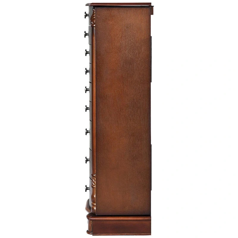 Meuble à bijoux avec couvercle miroir, 8 tiroirs et crochets latéraux, Marron