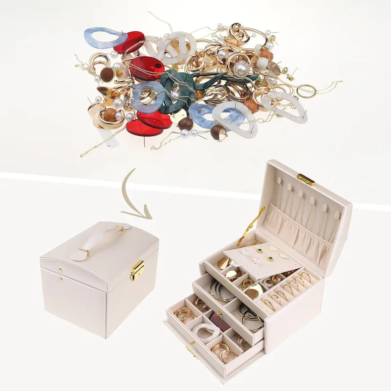 Boîte à bijoux en cuir PU à 3 couches avec 2 tiroirs et plateau amovible, Rose clair / Blanc
