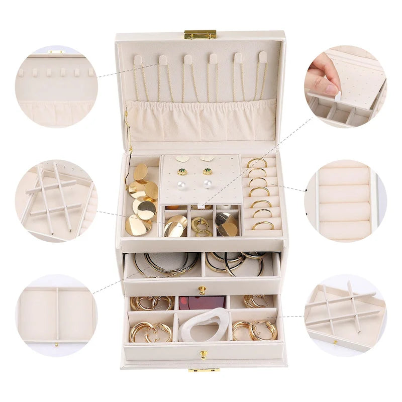 Boîte à bijoux en cuir PU à 3 couches avec 2 tiroirs et plateau amovible, Rose clair / Blanc