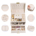 Boîte à bijoux en cuir PU à 3 couches avec 2 tiroirs et plateau amovible, Rose clair / Blanc