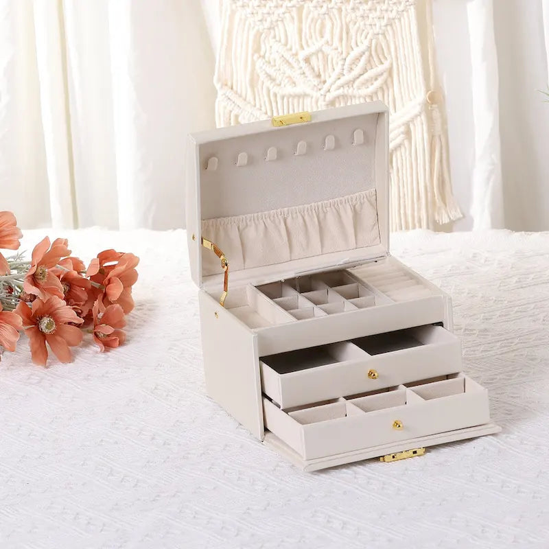 Boîte à bijoux en cuir PU à 3 couches avec 2 tiroirs et plateau amovible, Rose clair / Blanc