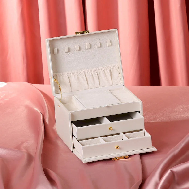 Boîte à bijoux en cuir PU à 3 couches avec 2 tiroirs et plateau amovible, Rose clair / Blanc