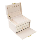 Boîte à bijoux en cuir PU à 3 couches avec 2 tiroirs et plateau amovible, Rose clair / Blanc