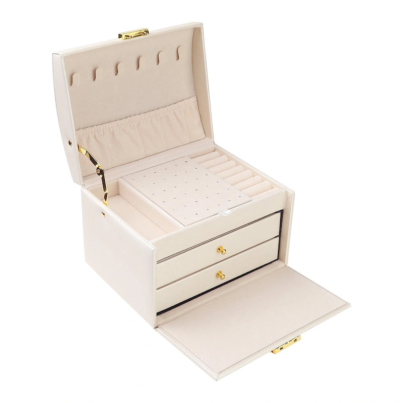 Boîte à bijoux en cuir PU à 3 couches avec 2 tiroirs et plateau amovible, Rose clair / Blanc