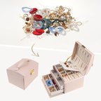 Boîte à bijoux en cuir PU à 3 couches avec 2 tiroirs et plateau amovible, Rose clair / Blanc