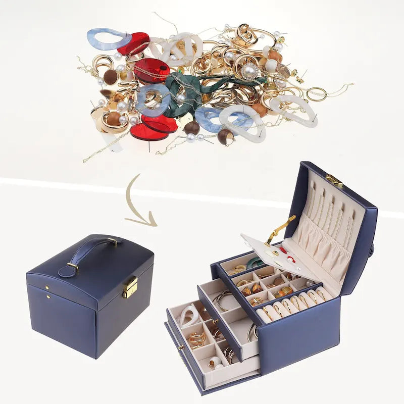 Boîte à bijoux en cuir PU à 3 couches avec 2 tiroirs et plateau amovible, Rose clair / Blanc