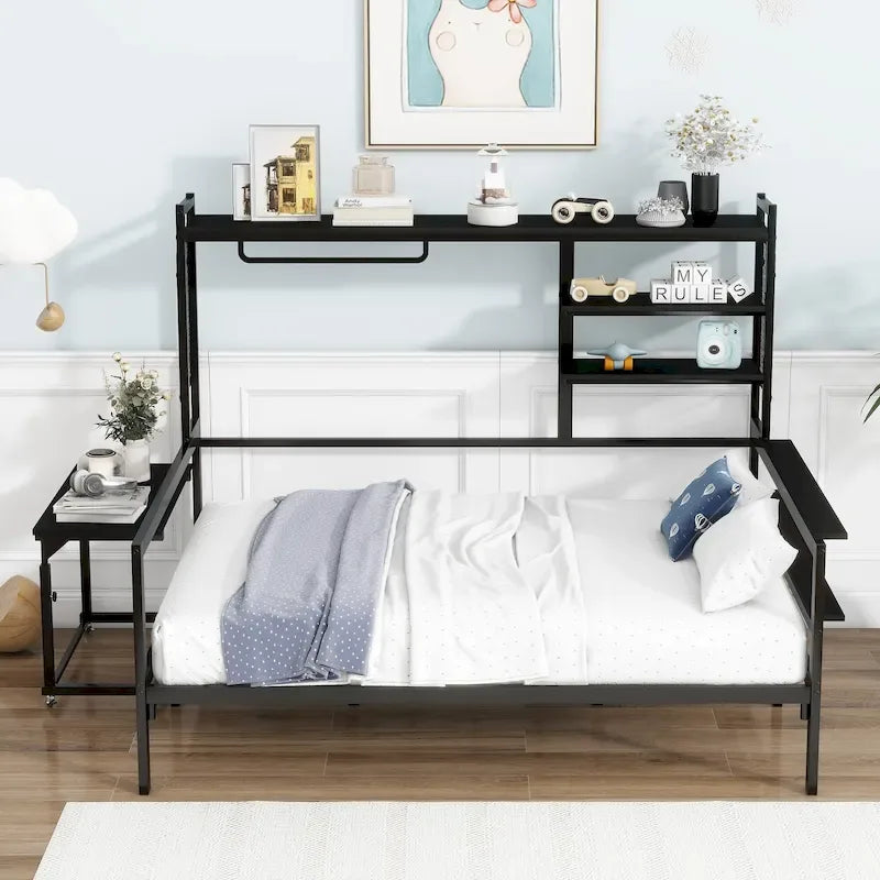Lit de repos en métal avec bureau mobile, étagères grillagées et portant, blanc / noir, simple / double