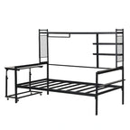 Lit de repos en métal avec bureau mobile, étagères grillagées et portant, blanc / noir, simple / double