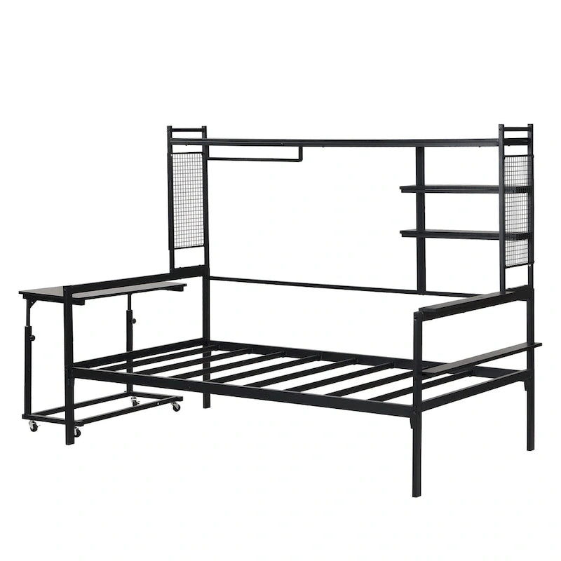 Lit de repos en métal avec bureau mobile, étagères grillagées et portant, blanc / noir, simple / double