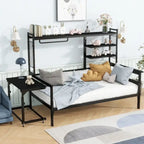 Lit de repos en métal avec bureau mobile, étagères grillagées et portant, blanc / noir, simple / double