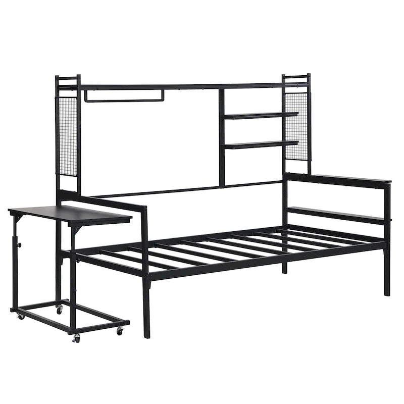 Lit de repos en métal avec bureau mobile, étagères grillagées et portant, blanc / noir, simple / double