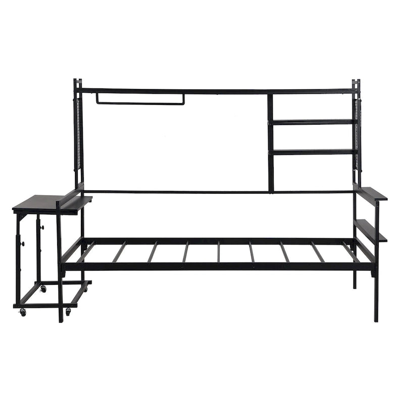 Lit de repos en métal avec bureau mobile, étagères grillagées et portant, blanc / noir, simple / double