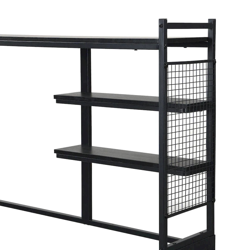 Lit de repos en métal avec bureau mobile, étagères grillagées et portant, blanc / noir, simple / double