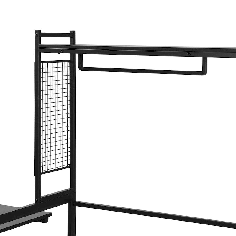 Lit de repos en métal avec bureau mobile, étagères grillagées et portant, blanc / noir, simple / double