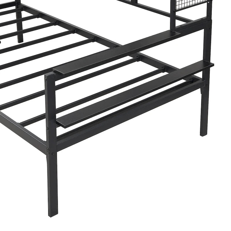 Lit de repos en métal avec bureau mobile, étagères grillagées et portant, blanc / noir, simple / double