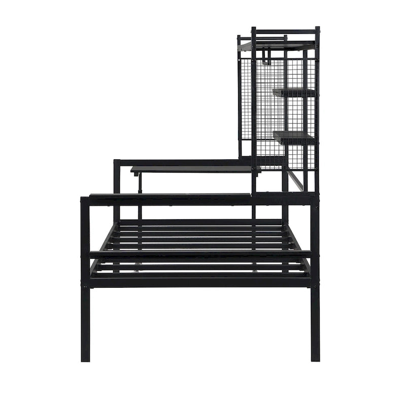 Lit de repos en métal avec bureau mobile, étagères grillagées et portant, blanc / noir, simple / double