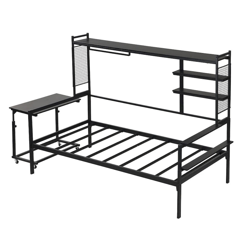 Lit de repos en métal avec bureau mobile, étagères grillagées et portant, blanc / noir, simple / double