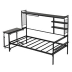 Lit de repos en métal avec bureau mobile, étagères grillagées et portant, blanc / noir, simple / double
