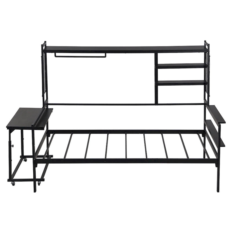 Lit de repos en métal avec bureau mobile, étagères grillagées et portant, blanc / noir, simple / double