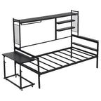 Lit de repos en métal avec bureau mobile, étagères grillagées et portant, blanc / noir, simple / double