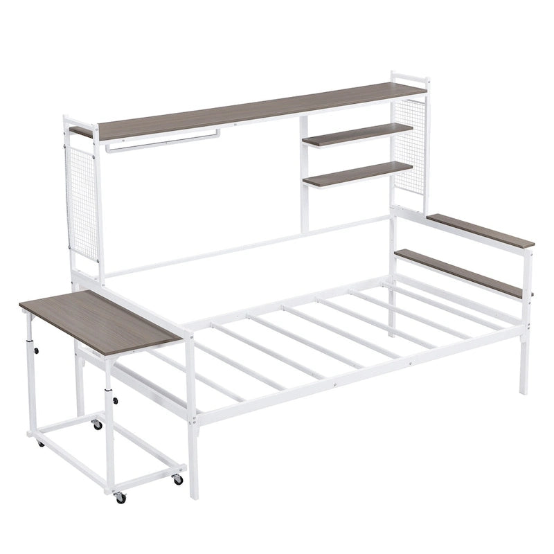 Lit de repos en métal avec bureau mobile, étagères grillagées et portant, blanc / noir, simple / double