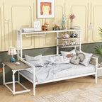 Lit de repos en métal avec bureau mobile, étagères grillagées et portant, blanc / noir, simple / double