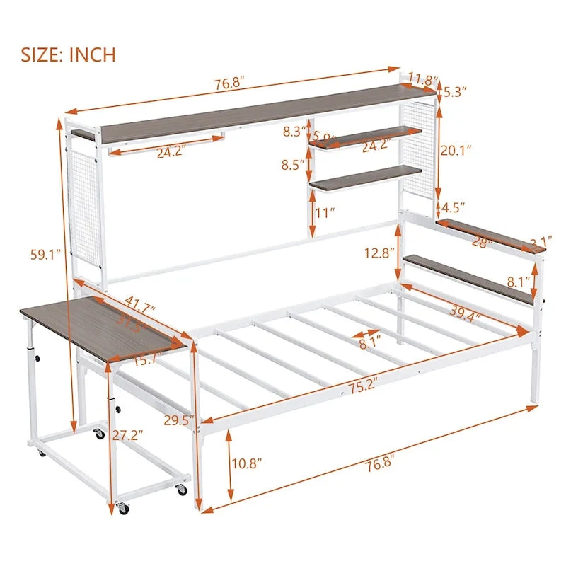 Lit de repos en métal avec bureau mobile, étagères grillagées et portant, blanc / noir, simple / double