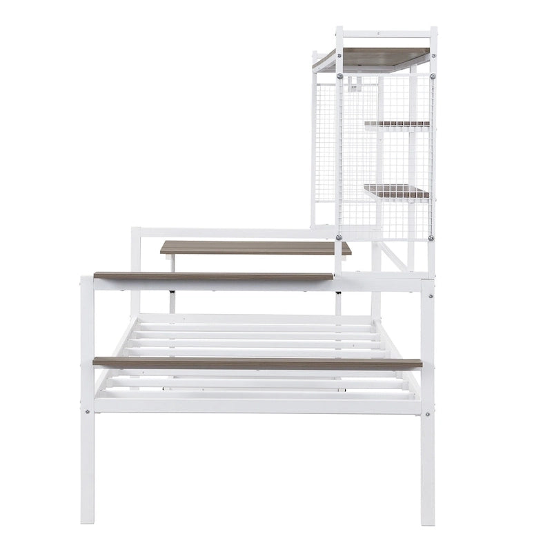 Lit de repos en métal avec bureau mobile, étagères grillagées et portant, blanc / noir, simple / double