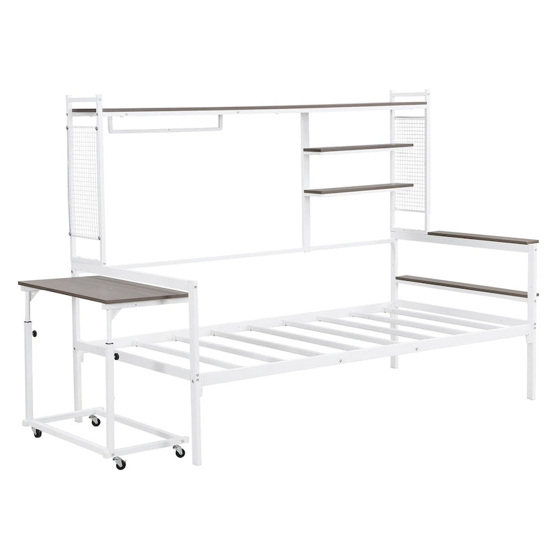 Lit de repos en métal avec bureau mobile, étagères grillagées et portant, blanc / noir, simple / double