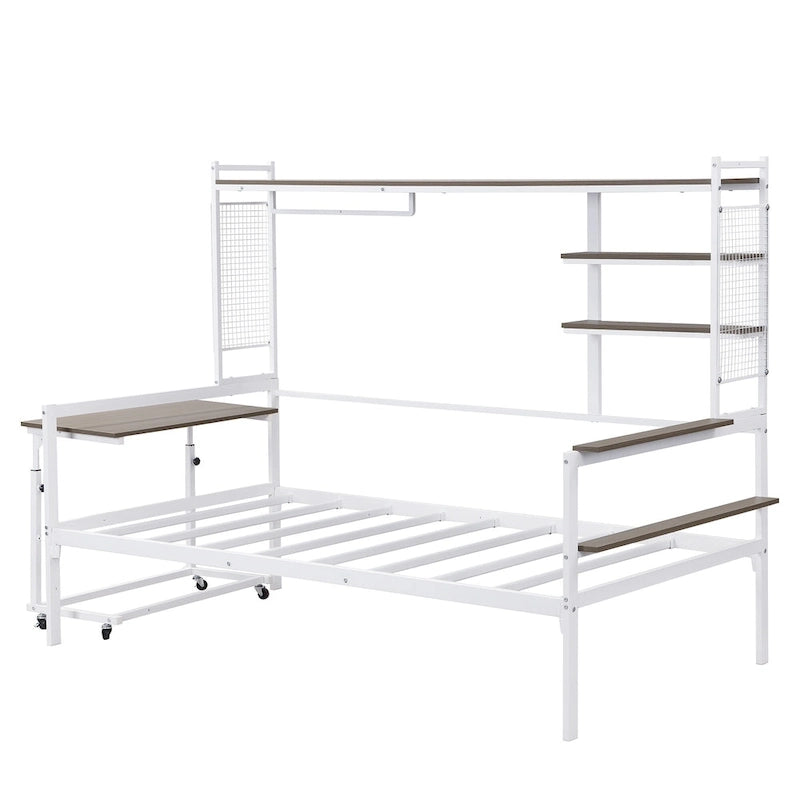 Lit de repos en métal avec bureau mobile, étagères grillagées et portant, blanc / noir, simple / double