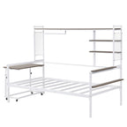 Lit de repos en métal avec bureau mobile, étagères grillagées et portant, blanc / noir, simple / double
