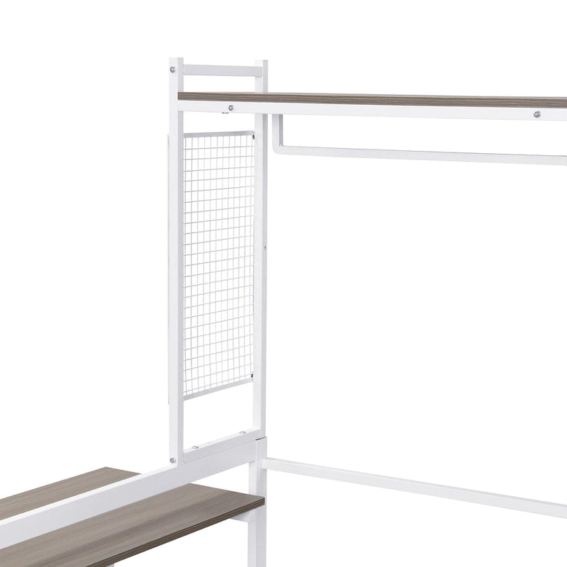 Lit de repos en métal avec bureau mobile, étagères grillagées et portant, blanc / noir, simple / double