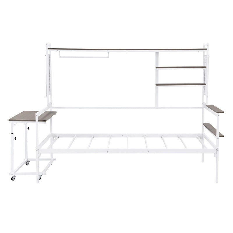 Lit de repos en métal avec bureau mobile, étagères grillagées et portant, blanc / noir, simple / double