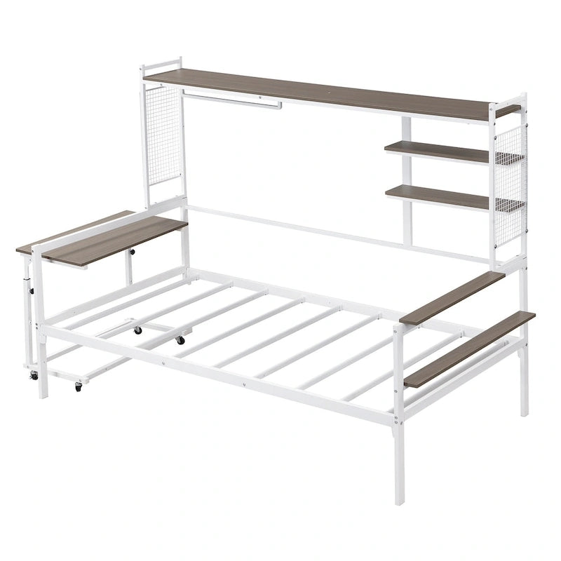 Lit de repos en métal avec bureau mobile, étagères grillagées et portant, blanc / noir, simple / double