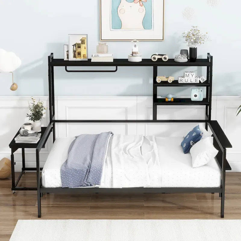 Lit de repos en métal avec bureau mobile, étagères grillagées et portant, blanc / noir, simple / double