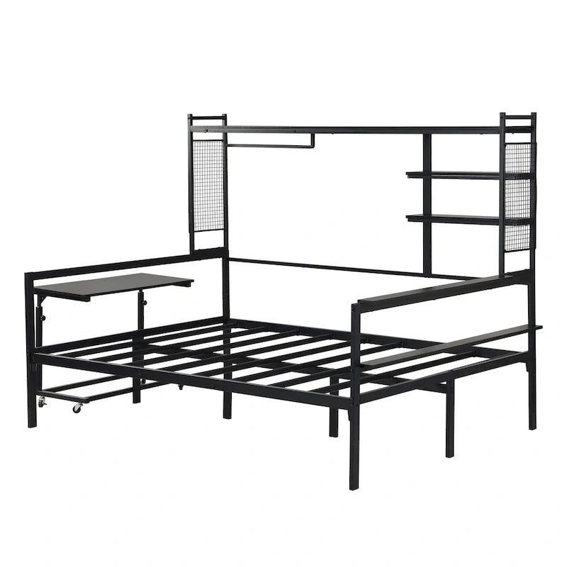 Lit de repos en métal avec bureau mobile, étagères grillagées et portant, blanc / noir, simple / double