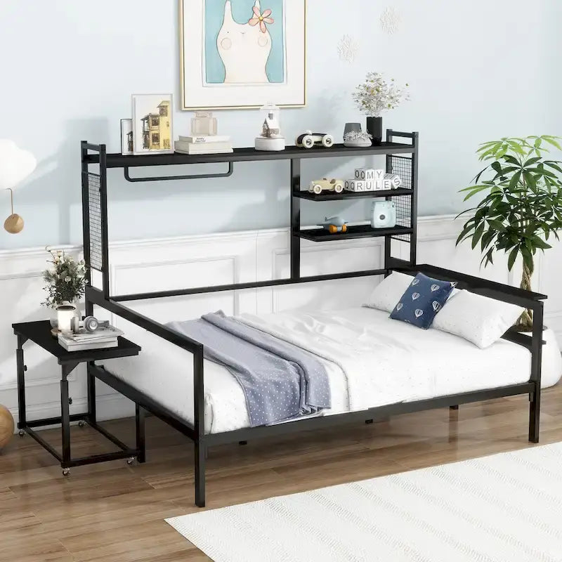 Lit de repos en métal avec bureau mobile, étagères grillagées et portant, blanc / noir, simple / double