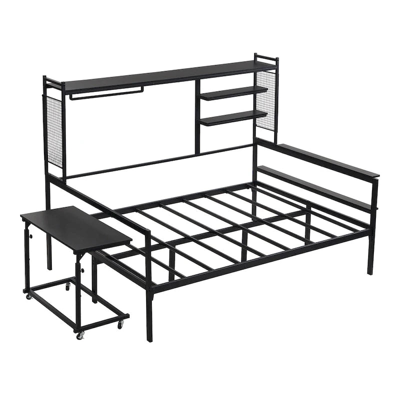 Lit de repos en métal avec bureau mobile, étagères grillagées et portant, blanc / noir, simple / double