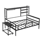 Lit de repos en métal avec bureau mobile, étagères grillagées et portant, blanc / noir, simple / double