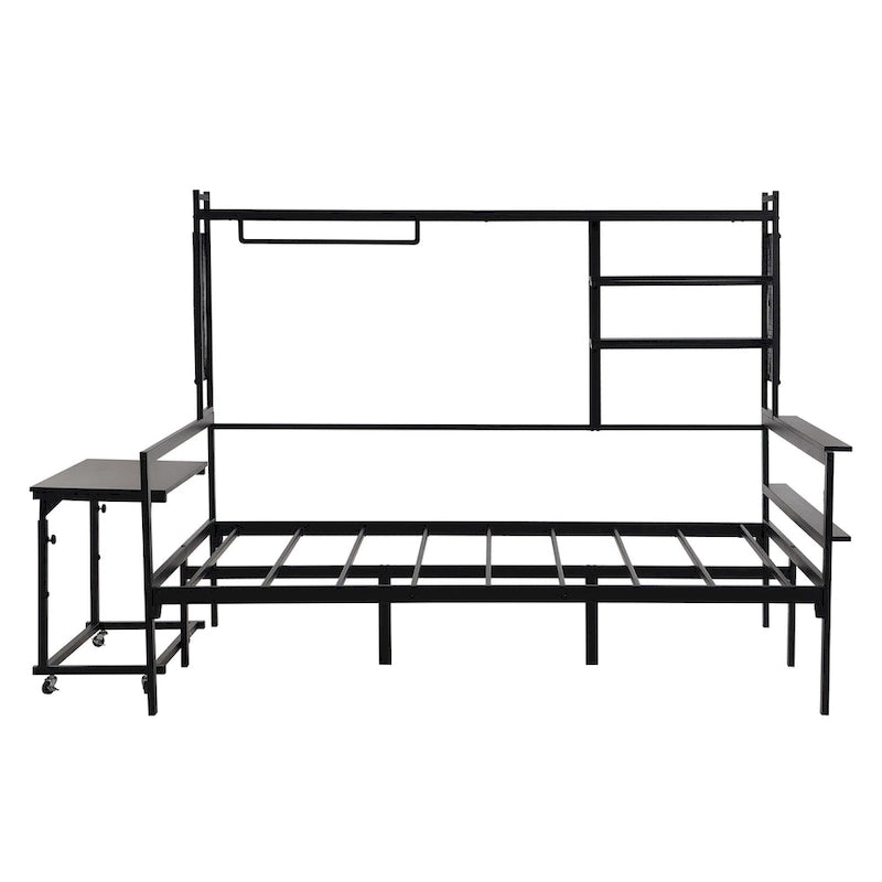 Lit de repos en métal avec bureau mobile, étagères grillagées et portant, blanc / noir, simple / double
