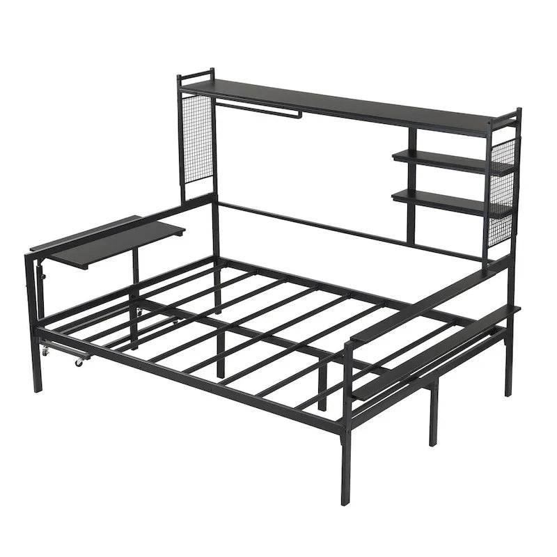 Lit de repos en métal avec bureau mobile, étagères grillagées et portant, blanc / noir, simple / double