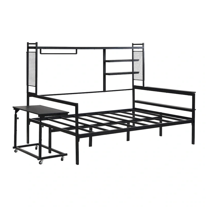 Lit de repos en métal avec bureau mobile, étagères grillagées et portant, blanc / noir, simple / double