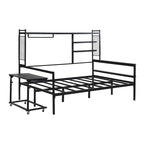 Lit de repos en métal avec bureau mobile, étagères grillagées et portant, blanc / noir, simple / double