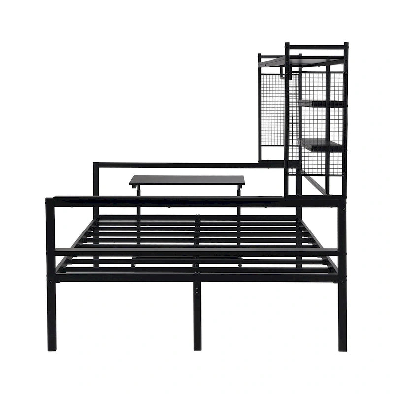 Lit de repos en métal avec bureau mobile, étagères grillagées et portant, blanc / noir, simple / double