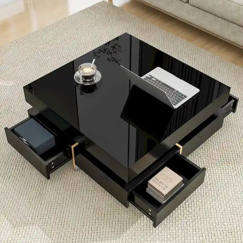 Table basse laquée avec 4 tiroirs, Noir / Blanc
