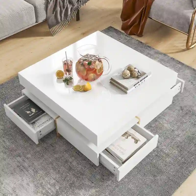 Table basse laquée avec 4 tiroirs, Noir / Blanc