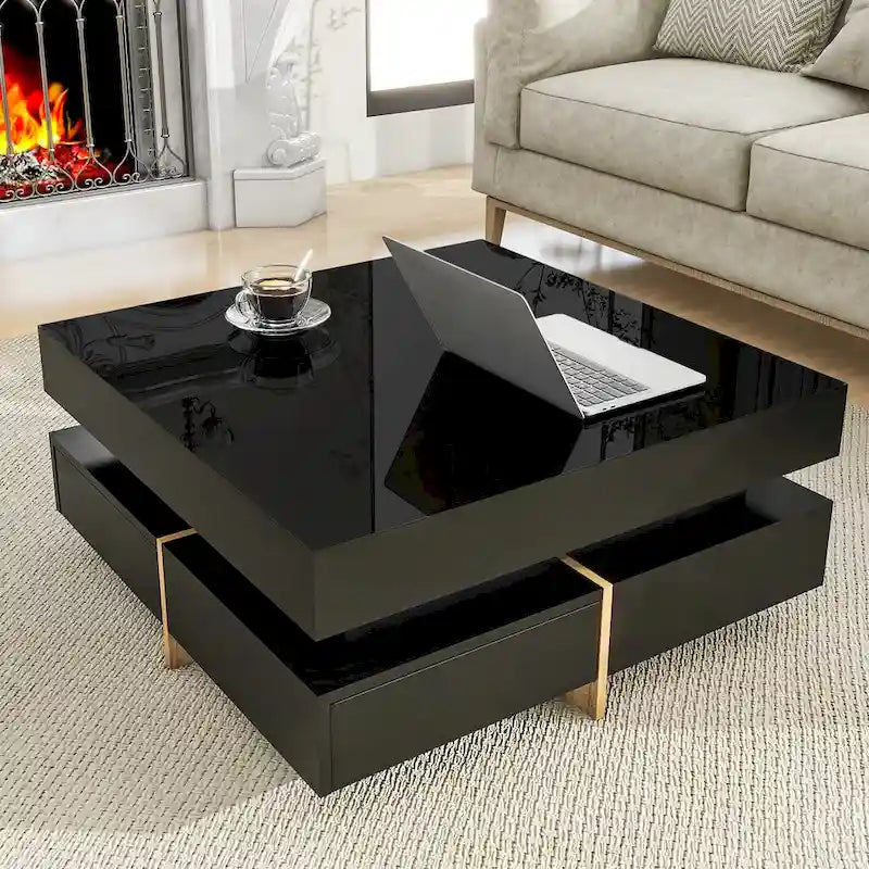 Table basse laquée avec 4 tiroirs, Noir / Blanc